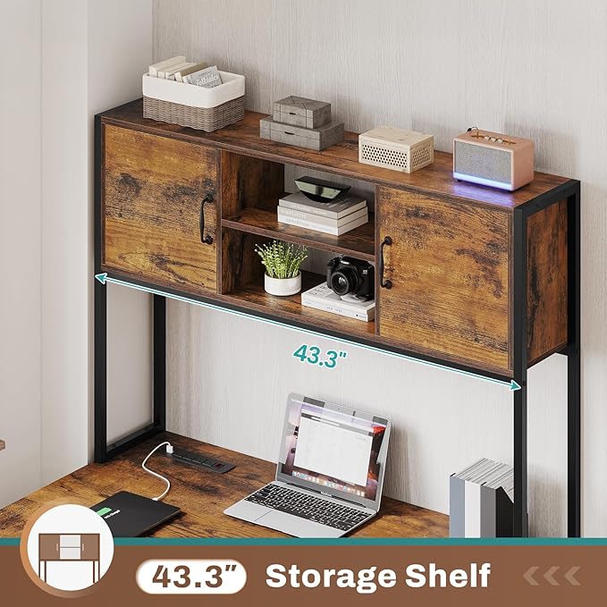 SEDETA L Shaped Desk with Drawers, 62.2" Home Office Desk with Fabric File Drawers and Power Outlet, L Shaped Desk with Hutch, Storage Shelves, LED Lights, Rustic Brown