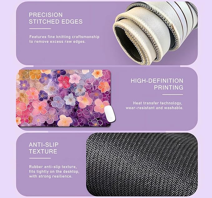 Colorful Flower Large Mouse Pad for Laptop, Pink Purple Red and Gold Pattern Desk Mats for Desktop, Watercolor Beautiful Floral Computer Desk Pad, Non-Slip Rubber Base Desktop Mat, 31.5 x 11.8 inches