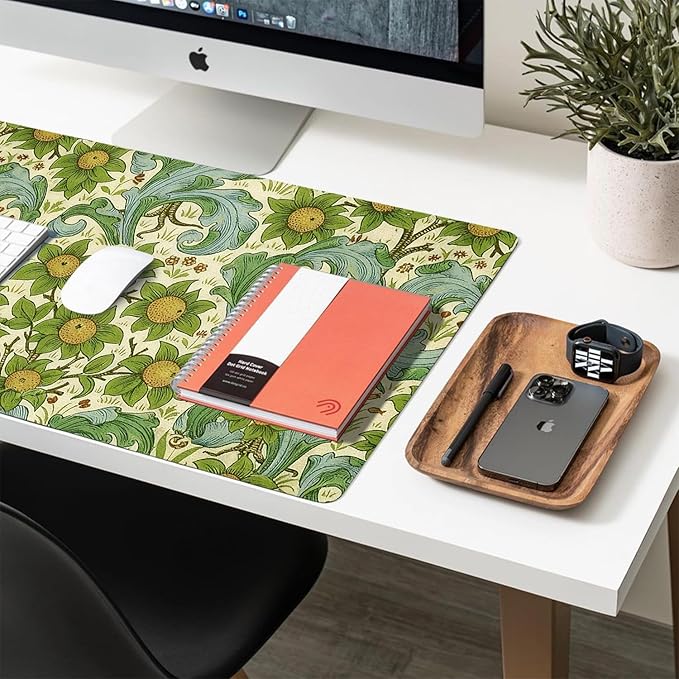 Flower Mouse Pad PU Leather Green Leaves Desk Mat Large Waterproof Gaming Pad Non-Slip Keyboard Mouse Pad Writing Pad for Gamer Office&Home
