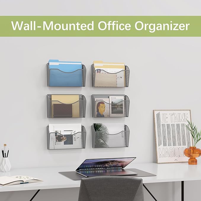 EasyPAG 6 Pack Wall File Organizer, Metal Mesh Hanging File Folder Holder for Letter/A4 Size Folders, Vertical Wall Mount Mail Sorter for Office Paperwork, Classroom, Silver