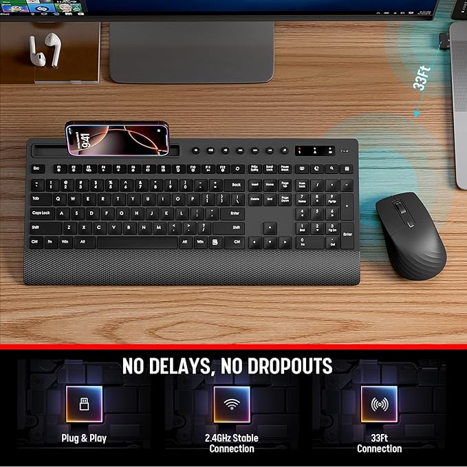Trueque KM31 Wireless Keyboard and Mouse Combo - Full-Size Quiet Typing with Palm Rest, Phone Holder, Multimedia Keys, Power Switch, Batteries Included, Compatible with Windows, Chrome OS, PC, Laptop