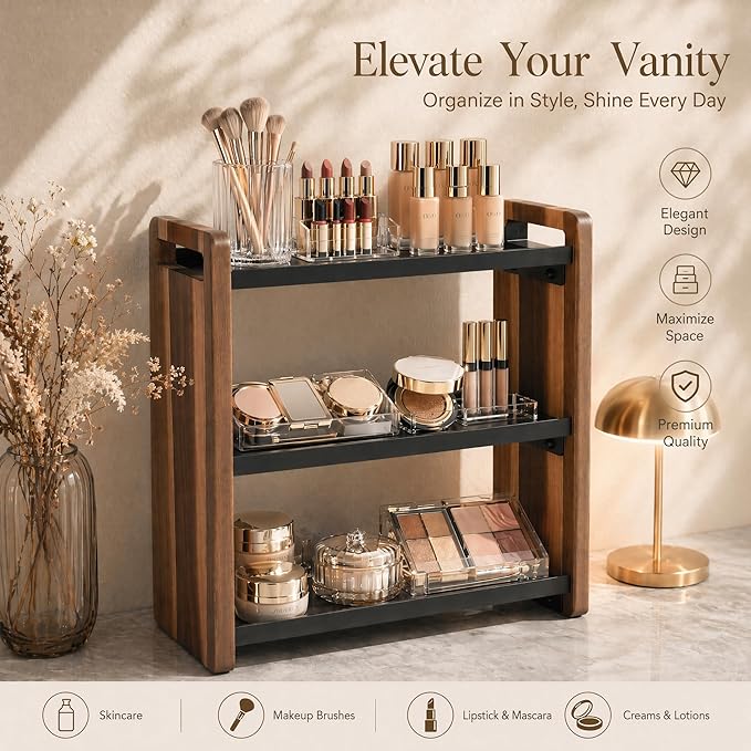 Narrow Solid Wood Bathroom Counter Organizer, Space-Saving Bathroom Storage Rack for Vanity, Multi-Purpose Kitchen Spice Rack & Bedroom Makeup Organizer (Black, 3 Tier)