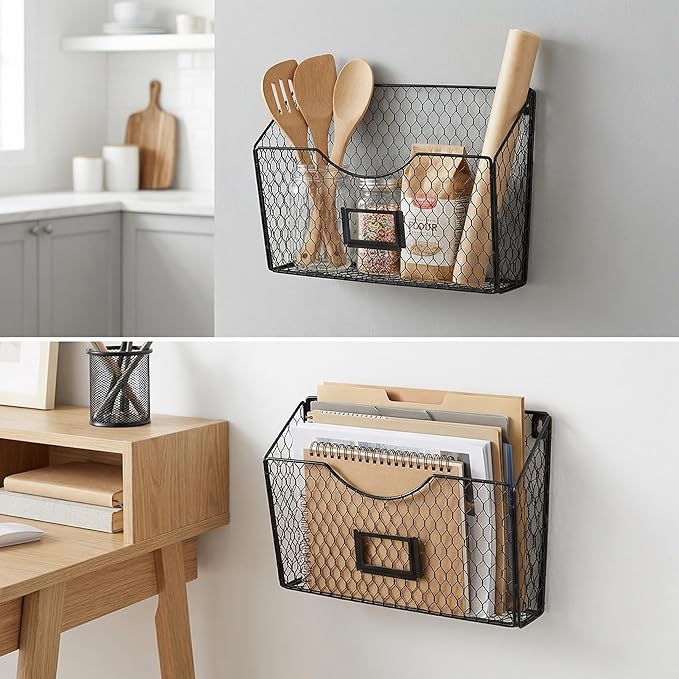 PAG 3 Pockets Hanging File Holder Wall Mount Mail Organizer Metal Chicken Wire Magazine Rack with Tag Slot, Black