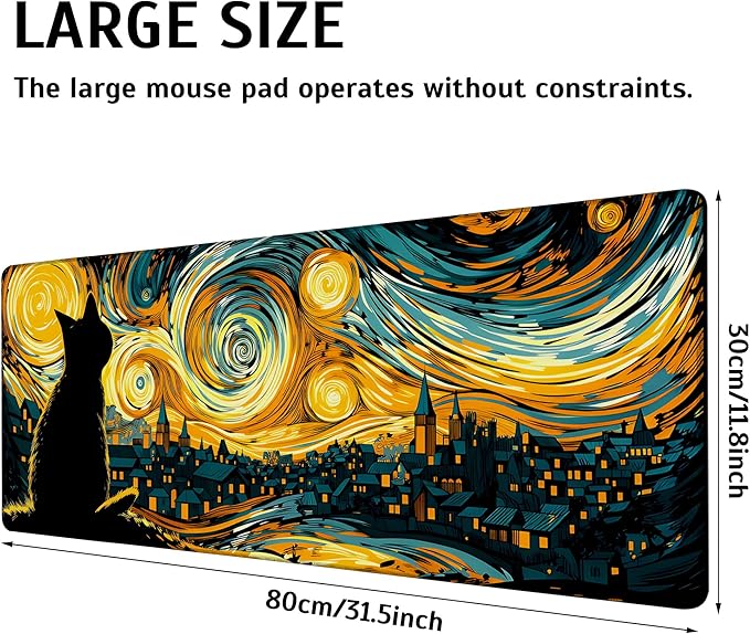 Large Gaming Mouse Pad Yellow Starry Night Cat Desk Mat,Non-Slip Rubber Base Stitched Edges,Extended Mousepad for PC,Laptop,Office,Home Decor(31.5 x 11.8 Inch)
