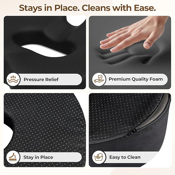 TushGuard Ergonomic Donut Pillow Seat Cushion with Raised Rear Support, Large Memory Foam Cushion for Tailbone, Hemorrhoids & Sciatica Relief, Office Chair, Car, Travel, Postpartum, Black