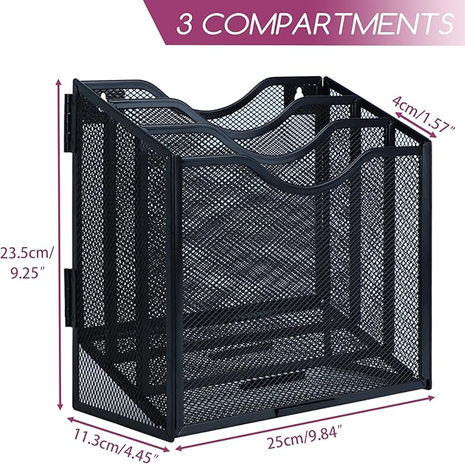 Desk File Organizer, Metal Mesh File Folder Holder Stand with 3 Vertical Compartments Rack, Wall File Organizer File Sorter for Office Supplies Desktop Organization, Black
