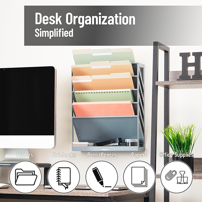 Mind Reader 5-Tier Vertical File Storage, Desktop Organizer, Wall Mount, Office, Plastic, 13"L x 4.25"W x 16"H, Gray