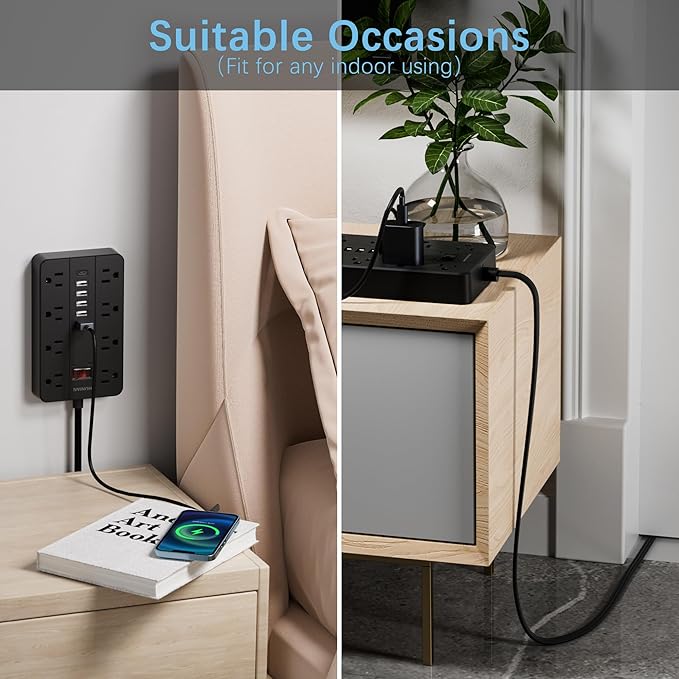 Power Strip with USB Ports, HUNIAN 5 Ft Extension Cord Flat Plug with 8 Outlets, 6 USB Charger(1 USB C Port), Indoor Desk Charging Station Outlet Extender for Home and Office Accessories, Black