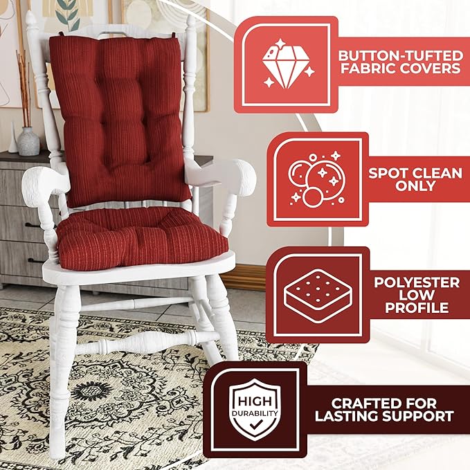 Klear Vu The Gripper Non-Slip Rocking Chair Cushion Set with Thick Padding, Includes Seat Pad & Back Pillow with Ties for Indoor Living Room Rocker, 17x17 Inches, 2 Piece Set, Garnet