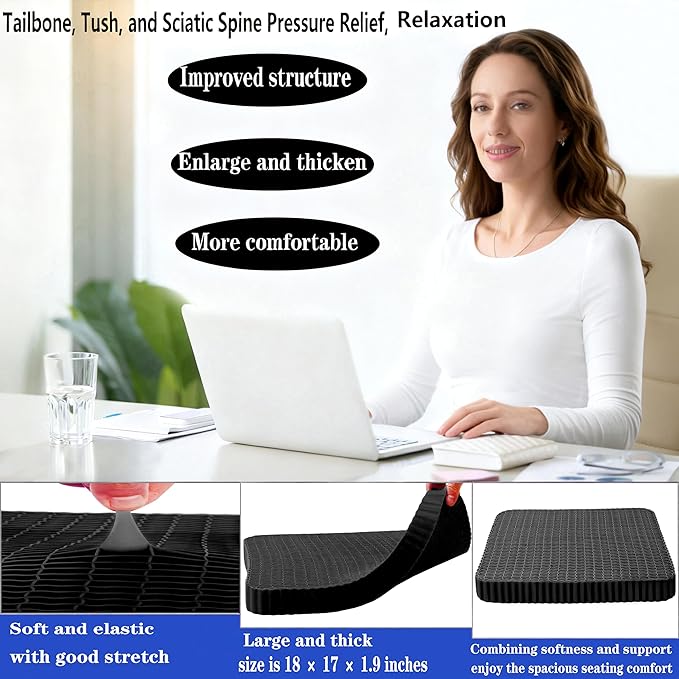 Innovative Gel Seat Cushion for Long Sitting, Soft and Breathable, Seat Cushion for Back, Sciatica, Hip, Tailbone Pain Relief, Used for The Office, Wheelchair, Car, Recliner, Stadium, Kayak.(Black)