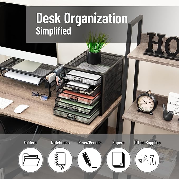 Mind Reader File Storage Drawers, Desk Organizer, Multi-Purpose, Crafts, Office, Metal Mesh, 11"L x 14"W x 11"H, Black, 5 Drawer