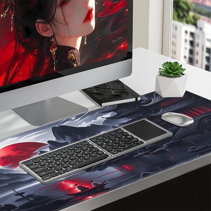 FreeNook Black Mouse Pad Gaming Keyboard Pad 35.4 x 15.7 in Computer Mouse Pad Anime Gaming Mousepad, Expanded Architecture Cool Desk Pad, Japanese Red Moon Large MousePads Suitable for Home Office