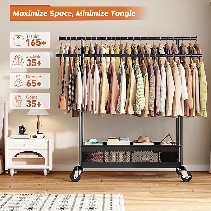 Clothes Rack Clothing Racks for Hanging Clothes, Rolling Clothes Rack Portable Clothing Rack, Double rod clothing rack with Storage Basket, Garment rack for Bedroom, Laundry Room, Black
