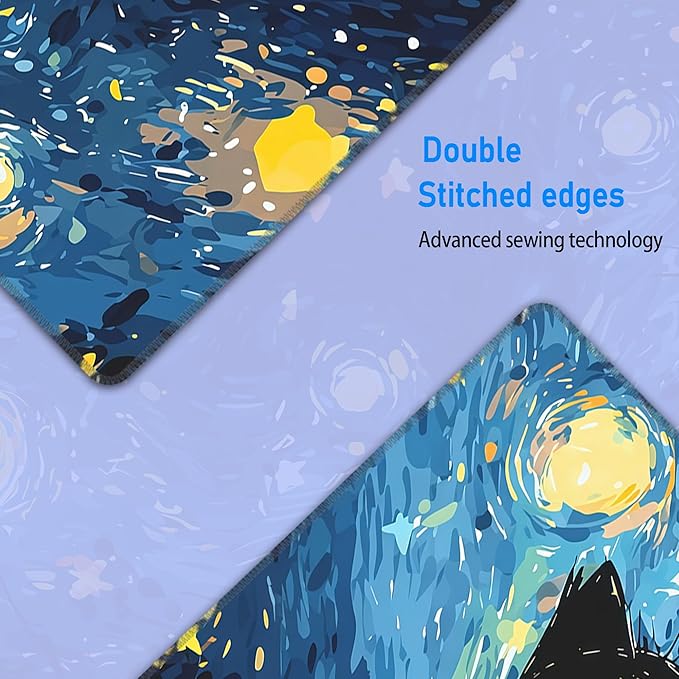 Starry Night Cat Gaming Mouse Pad,Large Cute Mousepad,Extended Anime Dreamy Waterproof Desk Mouse Mat,Kawaii Blue Stitch Mousemat for Office and Home,31.5 x 12in