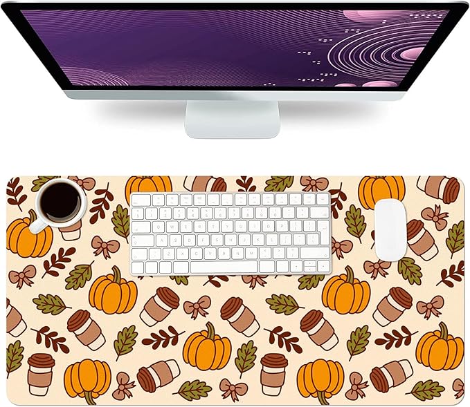 Fall Desk Mat, Pimpkins Coffee Large Mouse Pad for Desktop, PU Leather Waterproof Desk Pad, Computer PC Laptop Protector Gaming Mouse Pads for School Office Home Thanksgiving Decorations 23.6" x 11.8"
