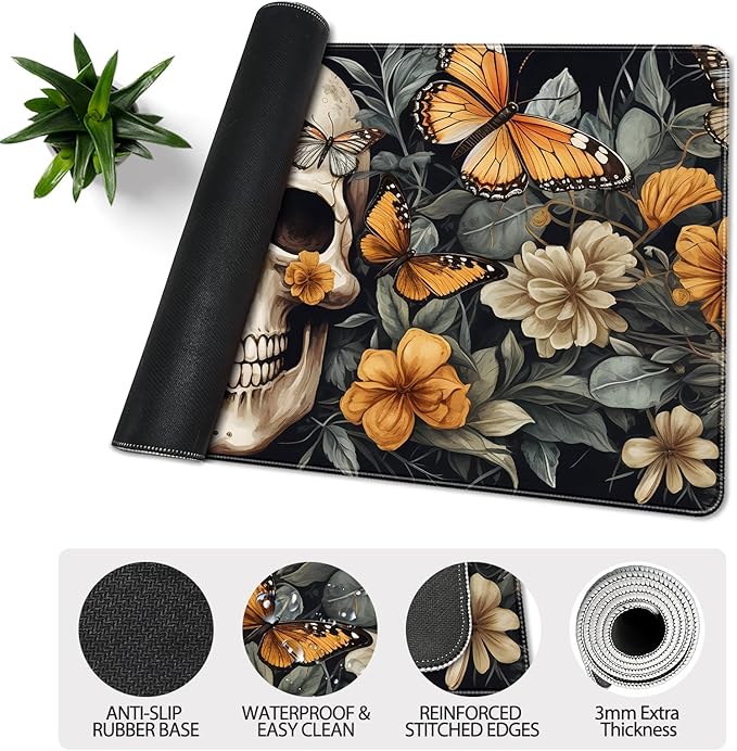 35.4 x 15.7 in, XXL Large Mouse Pad for Desk, Extended Keyboard Mouse Mat for Computer Office, Big Mouse pad with Stitched Edges, Gaming Pc-Skull Butterfly Flowers