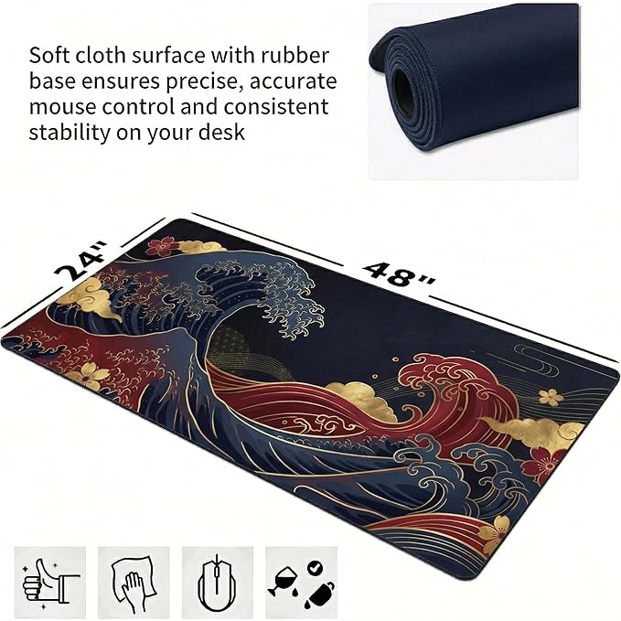 48x24in Large Gaming Mouse Pad, Traditional Japanese Wave Extended Desk Mat, Non-Slip Waterproof Keyboard Pad with Gold Accents for Home Office Gaming