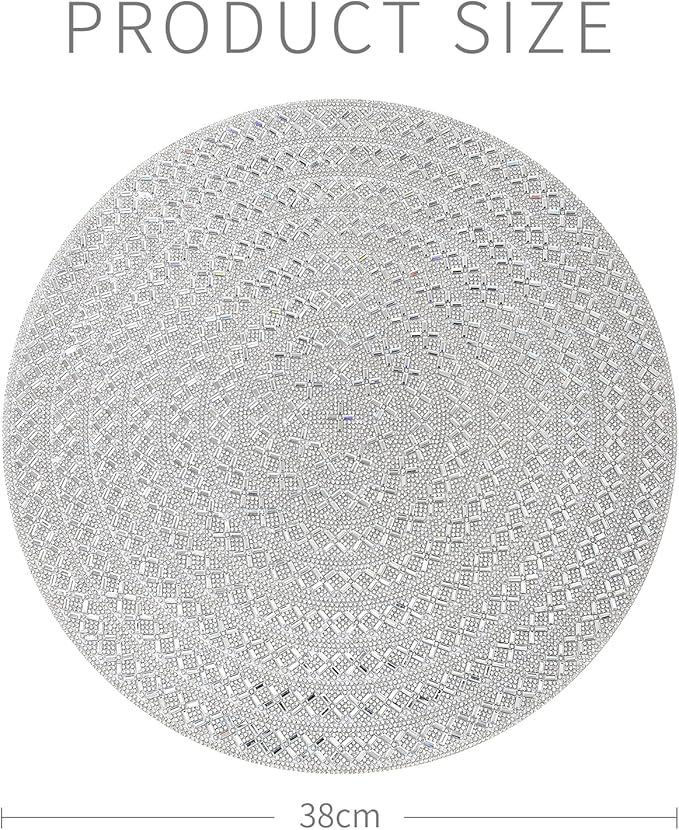 Round Placemat, Heat Resistant Table Place Mat for Dining Table 15 inch Anti-Slip Tablescapes Decorations Sparkling Bling Rhinestones Mat Silver Placemat (Silver-X-Pattern, 4PCS)