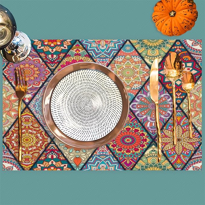Placemats Set of 4 Heat-Resistant Rectangle Place Mats Bohemian Mexico Boho Washable Plastic PVC Dining Table Mat Non-Slip Wipeable Woven Vinyl Placemat for Kitchen Patio Table Decor