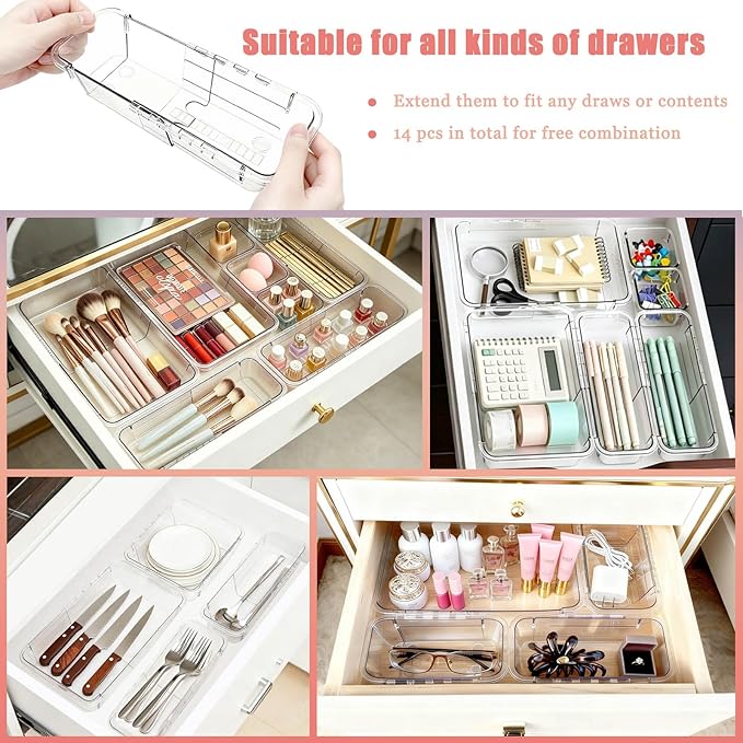 Extendable Drawer Organizer, 14pcs Bathroom & Vanity Drawer Organizes Tray, 3-size Clear Plastic Storage Bin for Makeup, Office Desk, Kitchen, Bedroom, Cabinet Drawer