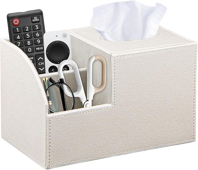 Square Tissue Box Cover with Storage, PU Leather Cube Tissue Box Holder, Remote Control Nightstand Organizer, Modern Desk Caddy for End Table, Bathroom, Bedroom, Home, Office Decor