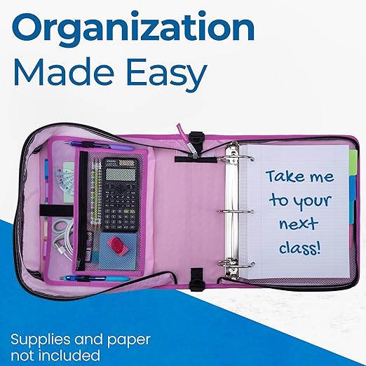Case-it Mighty Zip Tab School Zipper Binder | 3-Inch O-Rings, 600-Sheet Capacity, 5-Subject Expanding File Folder, Multiple Pockets & Storage Organizer, Shoulder Strap | D-146 Summer Plaid