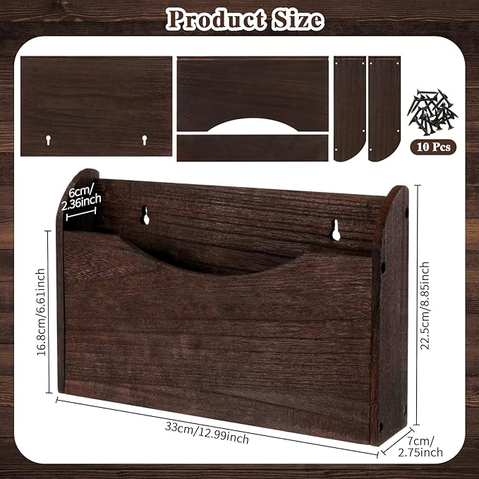 Suzile Wall Mounted File Holder Wood Magazine Holder Wall Hanging File Organizer for Office Mail Magazine Letter Paper Folder Organization (Brown)