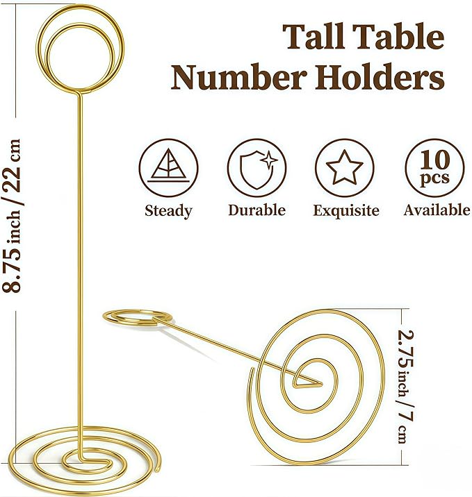 Radezon 20 Pack 8.75 inch Tall Table Number Holders Place Card Holder Table Picture Holder Wire Photo Holder Clips Picture Memo Note Photo Stand (Gold)