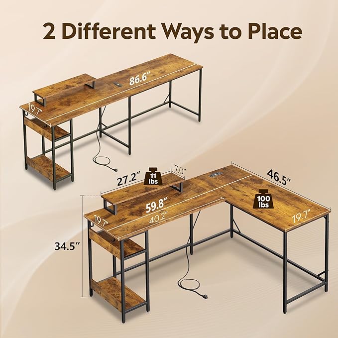 DEVAISE Full-Size 60" L Shaped Gaming Desk with LED Lights and Power Outlets - Reversible Corner Computer Table with Monitor Stand and Storage Shelves for Work and Gaming, Rustic Brown