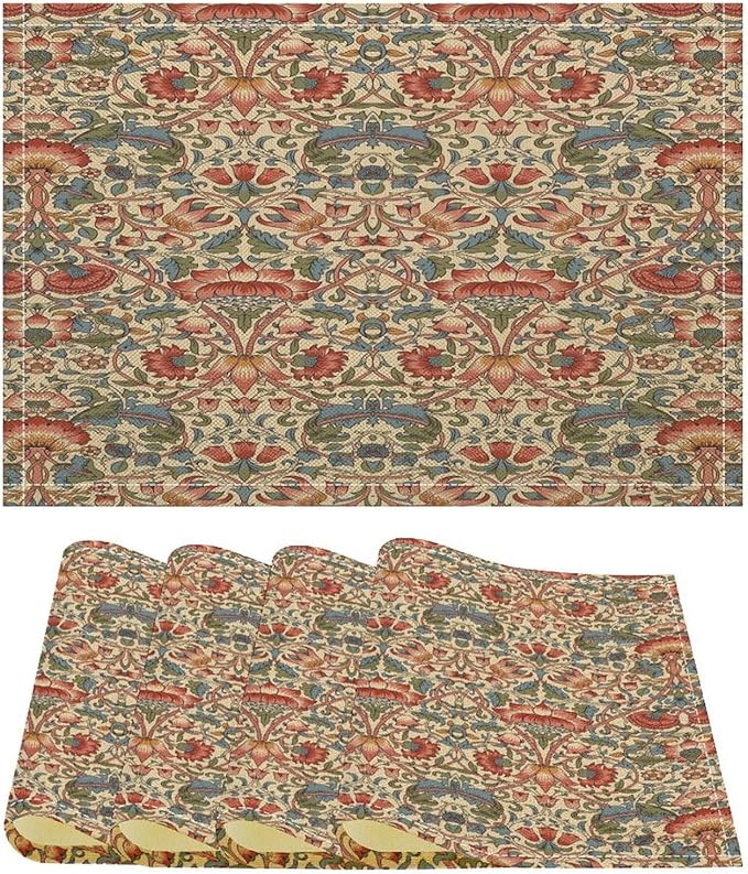 William Morris Floral Placemats Vintage Flower Art Style Boho Chic Retro Floral Linen Washable Table Mats Stain Heat-Resistant Desktop Decor Place Mats for Home Kitchen Dining Party 12x18 in 6 Pcs