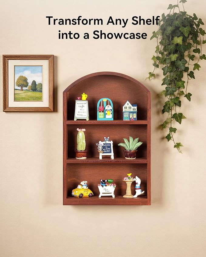 Arched Trinket Shelf, 9" x 13.5" Wooden Display Shelf for Wall or Desk, Vintage Shadow Box with Shelves for Collectibles, Mini Figures, Perfumes & Crystals - Rustic Brown