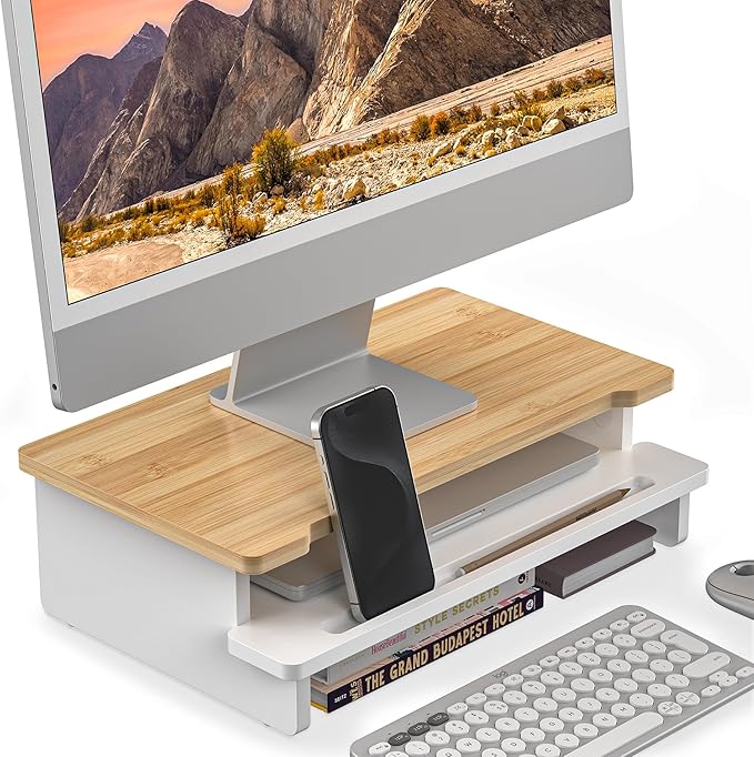 Computer Monitor Stand Riser, 16.5 Inch Wood Desk Shelf Storage Organizer with Phone Tablet Holder, White & Natural Bamboo