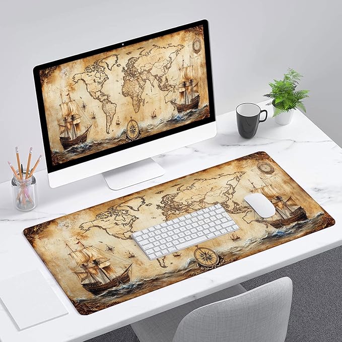 Vintage Map Mouse Pad World Ship Compass Antique Extended Mousepad Waterproof Stitched Edges Rubber Base Non-Slip Deskmap Computer Keyboard Mat Office Computer Keyboard Laptop Home 31.5x11.8 Inch