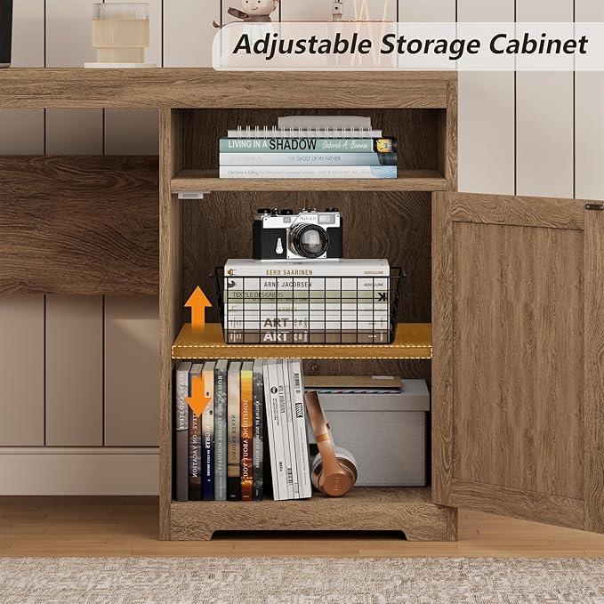 YOMILUVE 63" Farmhouse L Shaped Executive Desk with Drawers & Storage Shelf, Corner Rattan Computer Desk with Power Outlets, L Shaped Office Desk with Monitor Stand, Printer Shelf