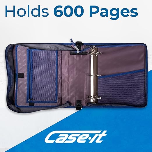 Case-it Mighty Zip Tab School Zipper Binder | 3-Inch O-Rings, 600-Sheet Capacity, 5-Subject Expanding File Folder, Multiple Pockets & Storage Organizer, Shoulder Strap | D-146 Light Blue Daisy