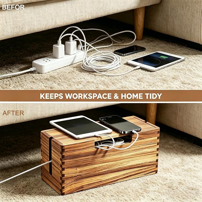Acacia Wood Cable Management Box - Cord Hider Box for Power Strip, Cable Hider for Desk & Floor TV Wires, Decorative Wire Storage Box for Office, Home Under Desk Cable Storage Box