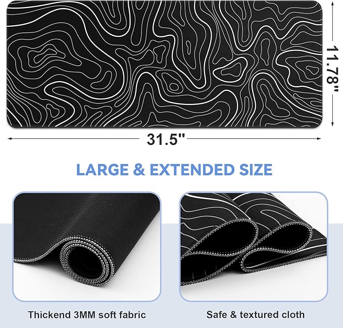 DIGSOM Mouse Pad Gaming Mousepad 31.5 x 11.8in Large Mouse Pad for Keyboard and Mouse with Anti-Slip Rubber Base, Keyboard Pad XL Mouse Mat for Home and Office（Black with White Topographic Line）
