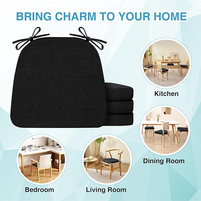 IASEAHK Chair Cushions for Dining Chairs Set of 6, Non Slip Kitchen Chair Pads, 17" x 16" x 2", Indoor Dining Chair Cushions with Ties, D-Shaped Seat Cushions for Kitchen Chairs, Black