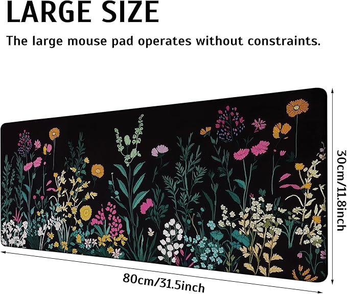 Large Gaming Mouse Pad Floral Meadow Desk Mat,Non-Slip Rubber Base Stitched Edges,Extended Mousepad for PC,Laptop,Office,Home Decor(31.5 x 11.8 Inch)