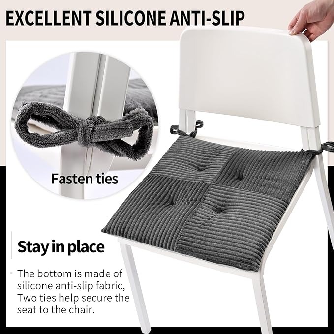 Office Stacking Chair Cushions 4 Pack, Corduroy High Density Foam Kitchen Seat Cushions with Ties, Square 17" x 17" Indoor Non-Slip Dining Chair Pads, Grey，4pcs