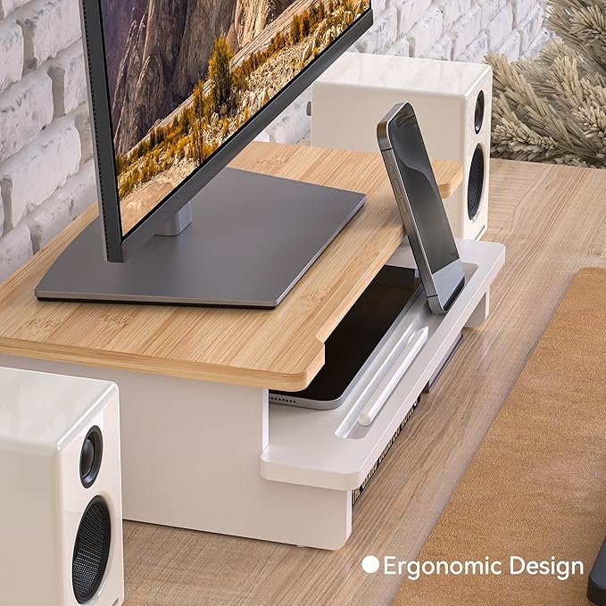 Computer Monitor Stand Riser, 16.5 Inch Wood Desk Shelf Storage Organizer with Phone Tablet Holder, White & Natural Bamboo