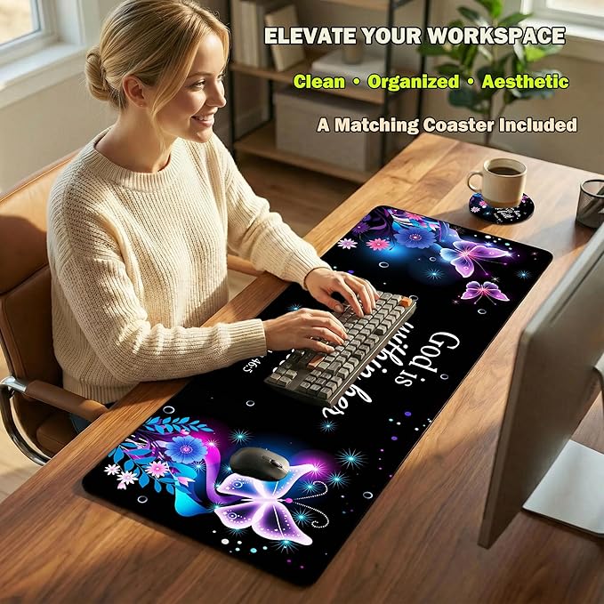 Extended Mouse Pad 31.5 x 11.8 Inches – AiLiTeck Decorative Desk Mat Mousepad with Stitched Edges for Home Office, Waterproof Washable, Includes Matching Coaster Bible Verse Women