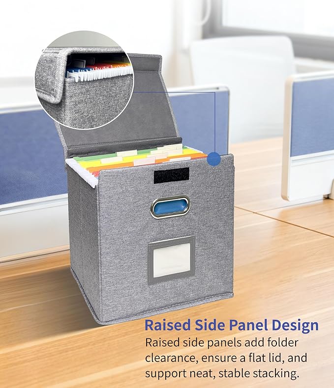 2 Pack Hanging File Folder Box with Lid, Durable Letter Size Filing Storage Box, Sturdy File Holder with Cardboard Support PVC Rails for Office Home Organizer, Gray