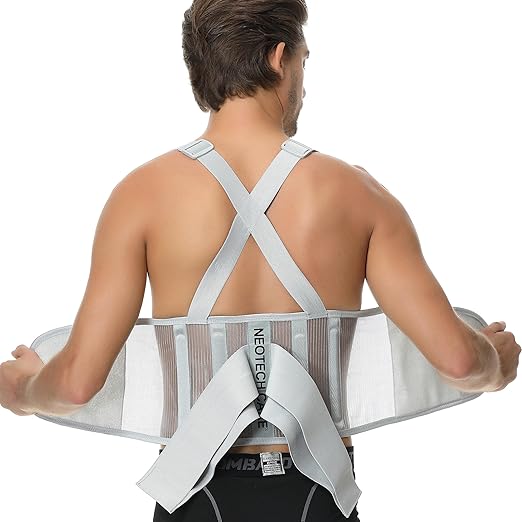 NeoTech Care Back Brace with Suspenders/Shoulder Straps - Light & Breathable - Lumbar Support Belt for Lower Back Pain - Posture, Work, Gym - Grey Color (Size XXL)