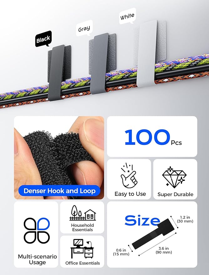 Adhesive Wire Management, 100pcs Hook and Loop Cable Ties, Adjustable Cable Straps, Sticky-Back Cord Organizer for Kitchen Appliances at Office, Home - Black
