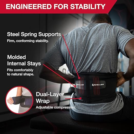 MUELLER Sports Medicine Adjustable Lumbar Back Brace, Lower Back Pain Relief and Support Belt for Men and Women, Black, One Size Fits Most