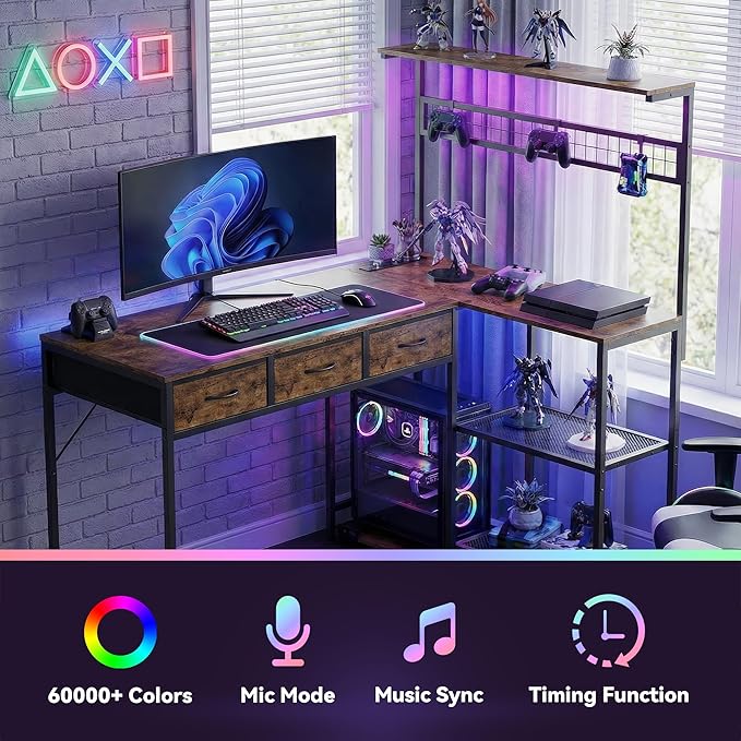 Garvee Computer Desk with 3 Fabric Drawers, 50.4 in l-Desk Display Shelves with Led Light & Power Outlet, PC Table Workstation for Home Office, Gaming Desk for Small Spaces, Rustic Brown