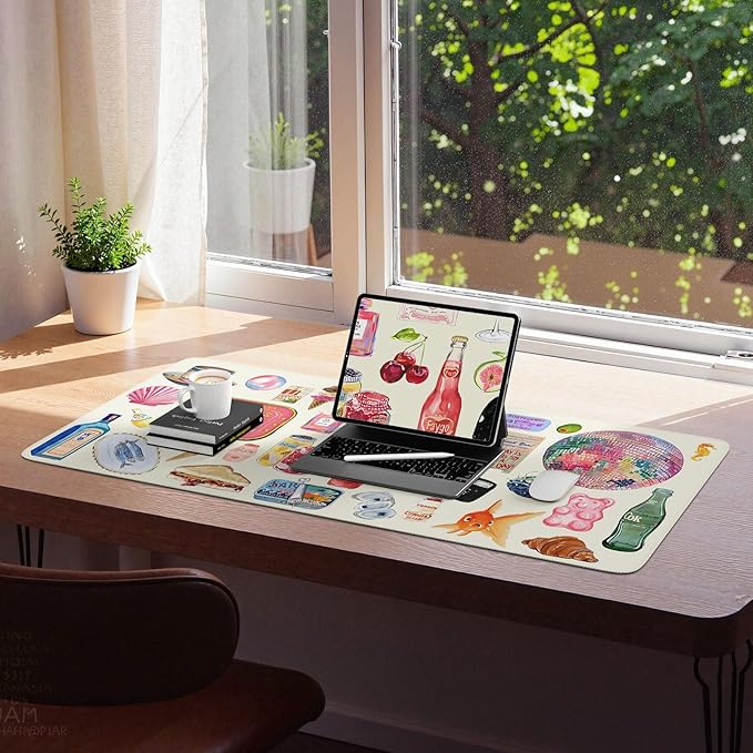 iCasso Cute Desk Mat, Large Waterproof Mouse Pad, Non-Slip Desk Protector for Keyboard and Mouse, Aesthetic Gaming Decor for Women, Home Office, Dorm (Watercolor Stickers)