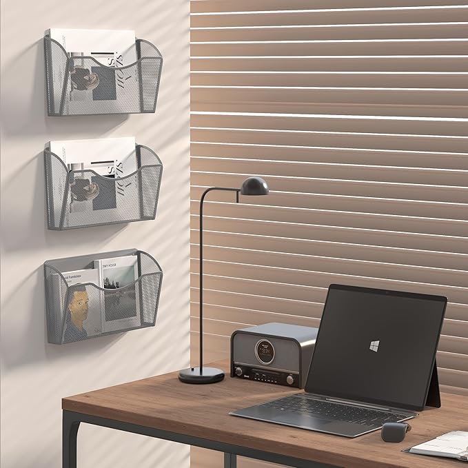 EasyPAG 3 Pack Wall File Organizer, Metal Mesh Hanging File Folder Holder for Letter/A4 Size Folders, Vertical Wall Mount Mail Sorter for Office Paperwork, Classroom, Silver