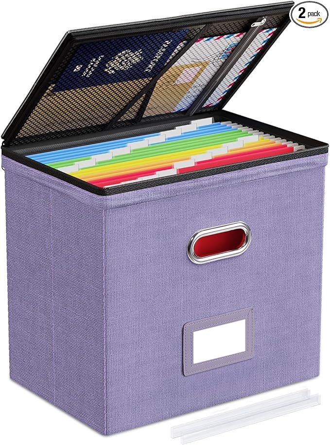 Oterri File Organizer Boxes with Lids, File Box with Mesh Pockets, Document Organizer Box for Letter Size Folders, Zippers Important Document Organizer (Light Purple, Small-1 Pack Without Folders)